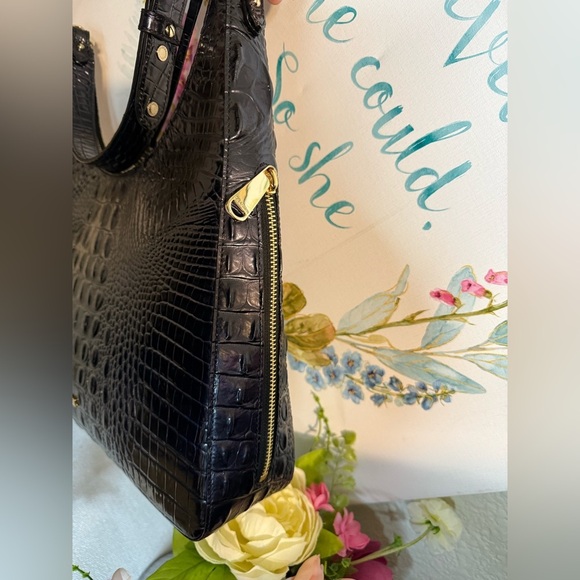 BRAHMIN Tabitha Black Crocodile-Embossed Hobo Bag with Glossy Finish - Picture 7 of 16